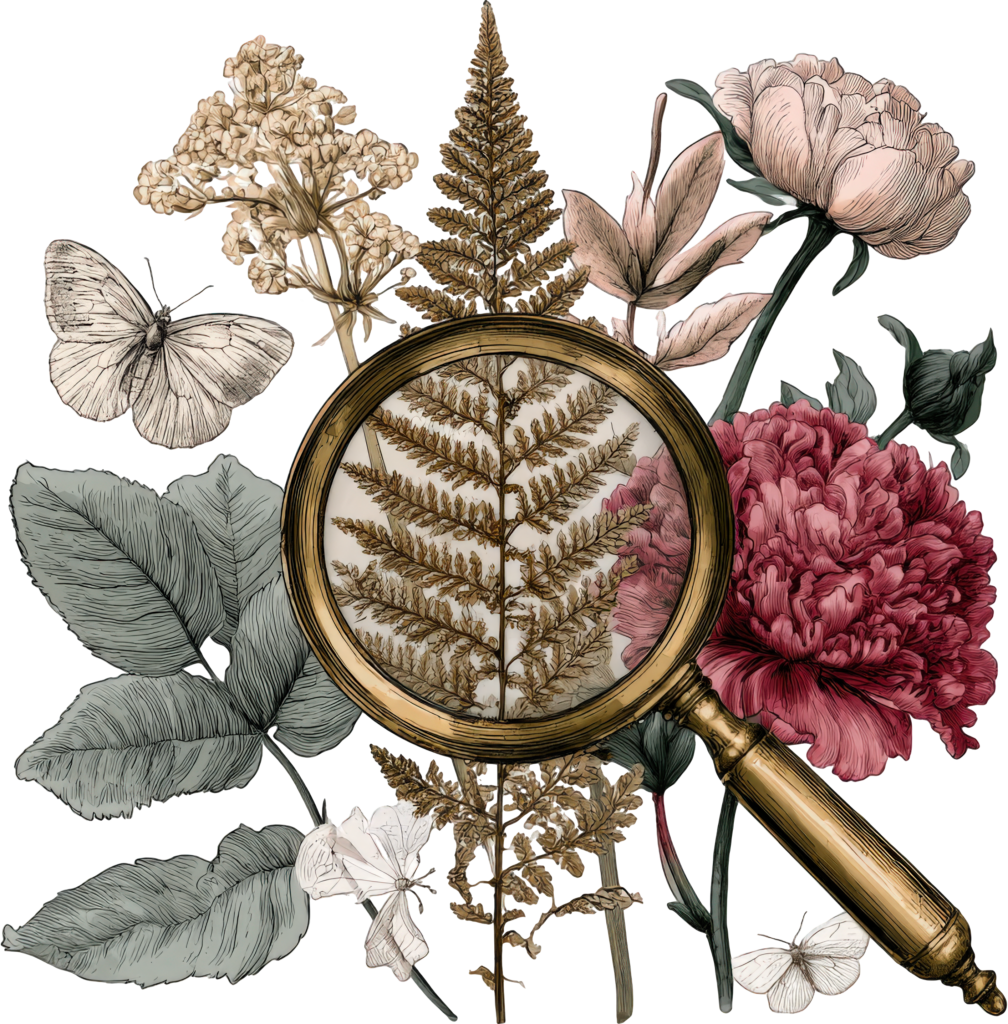Vintage magnifying glass resting on a fern with peonies