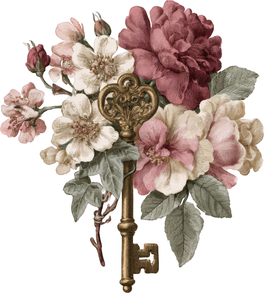 Antique brass key tucked into a bouquet of peonies